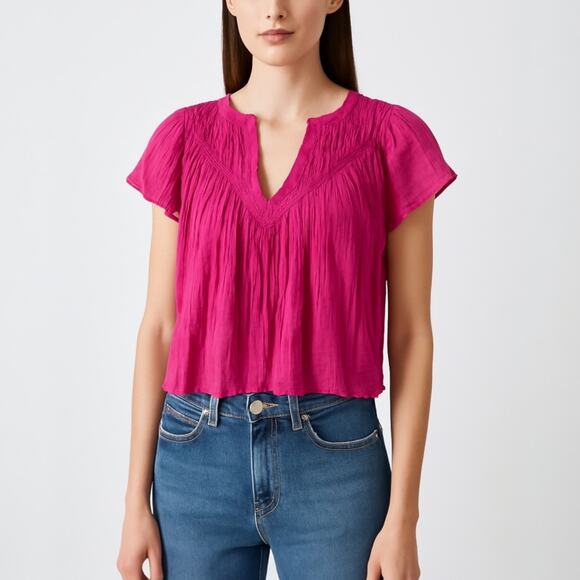 Free People Padma Pink Raw Hem Short Flutter Sleeve V-Neck Sheer Blouse Top Sz S - Picture 1 of 5